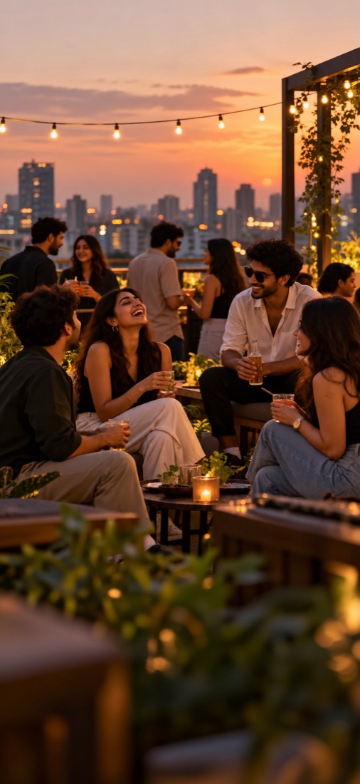 People meeting at a rooftop cafe in Delhi NCR